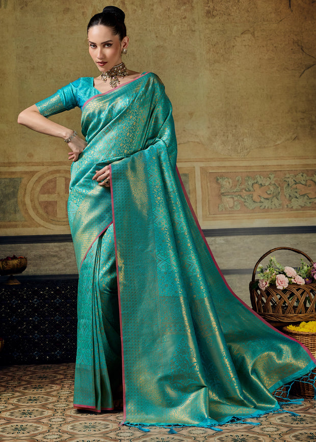 Teal Green Woven Banarasi Silk Saree