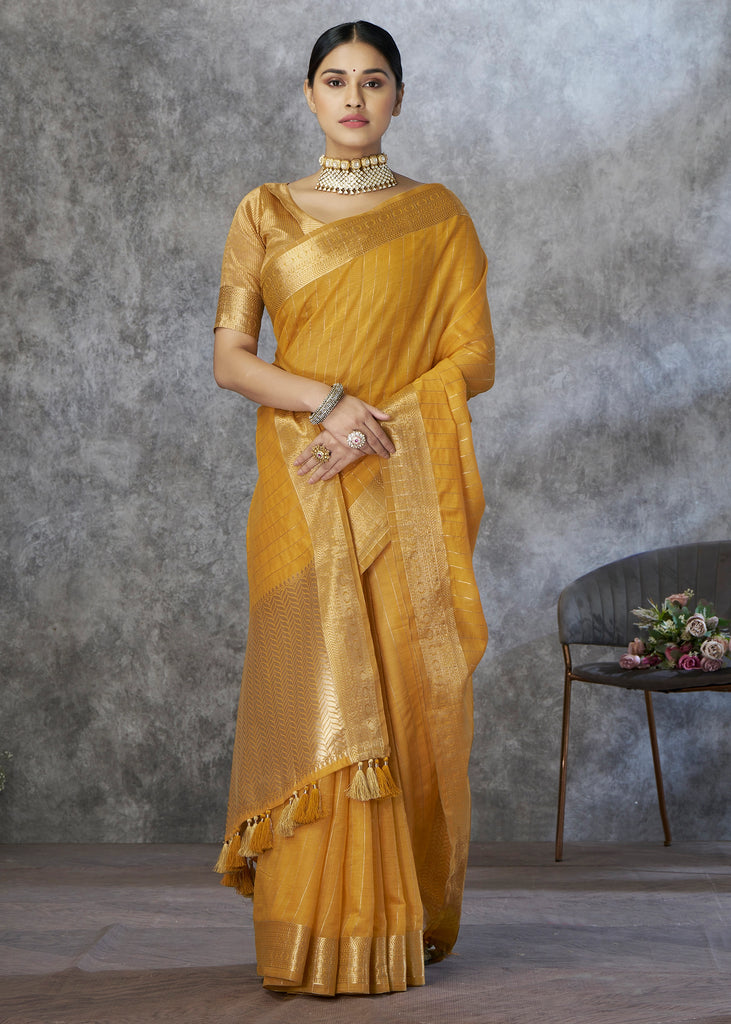 Mustard Yellow Woven Cotton Saree