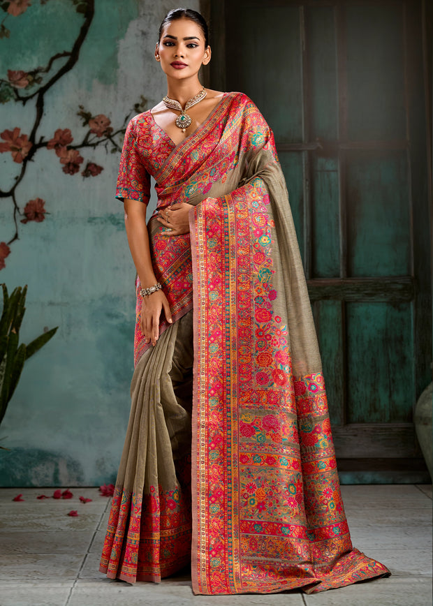Grey Woven Cotton Kashmiri Jamewar Saree