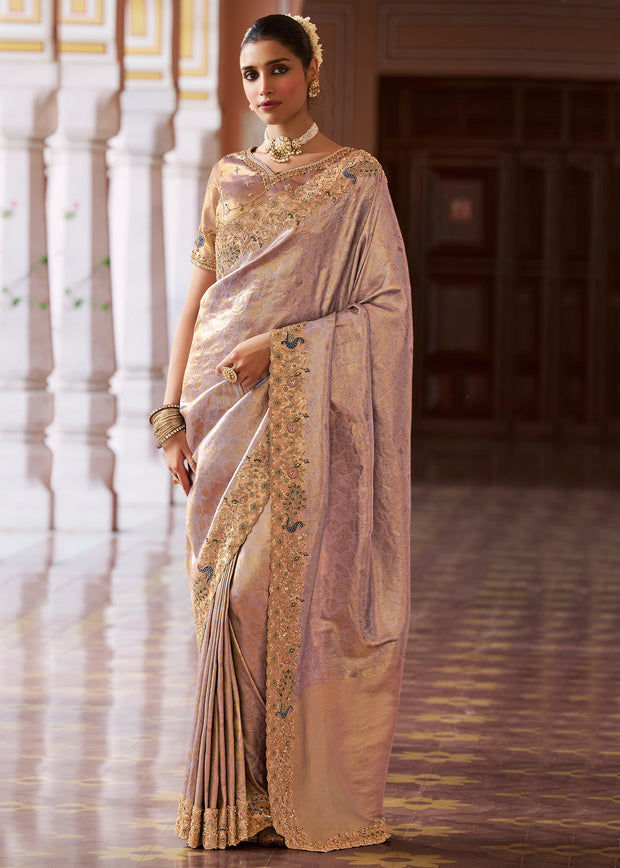 Dusty Lilac Bead Work Kanjivaram Soft Silk Saree