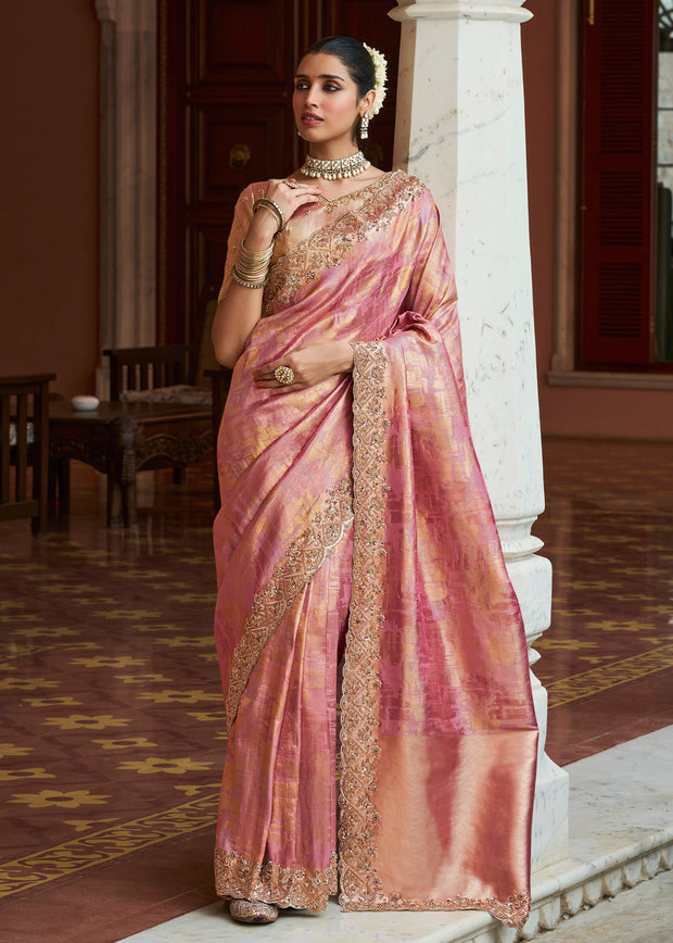 Peach Pink Bead Work Kanjivaram Soft Silk Saree