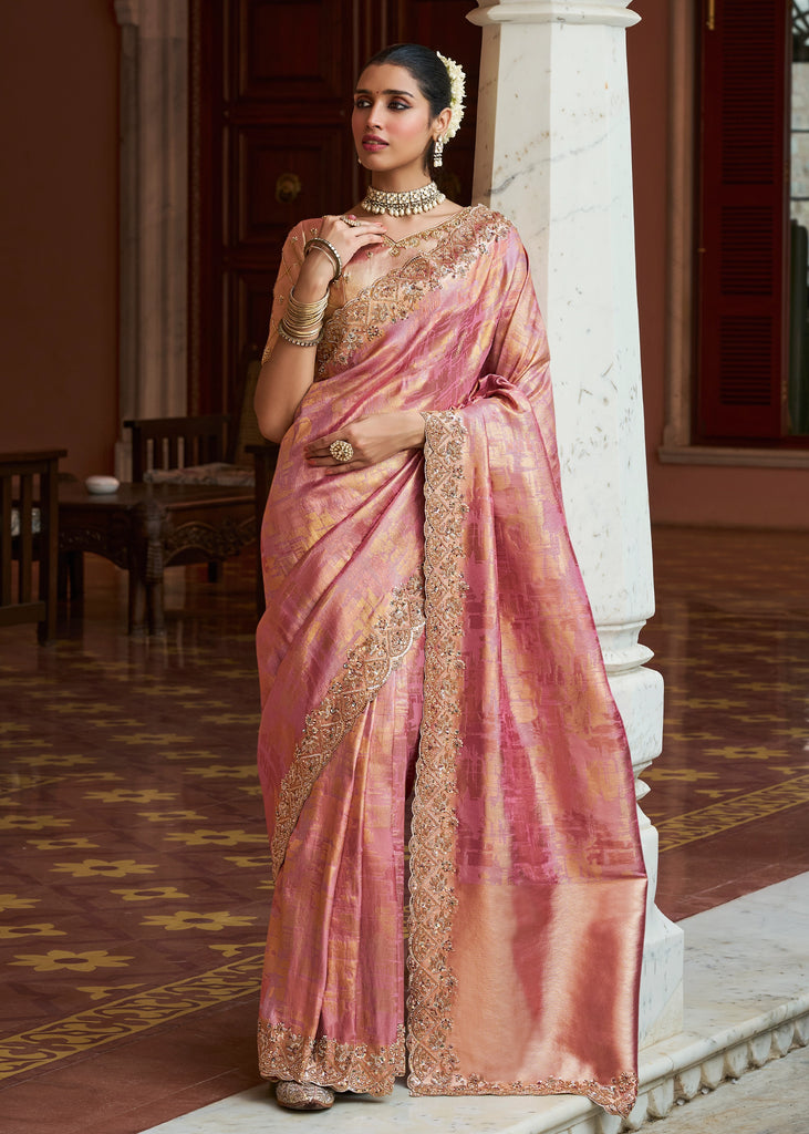 Peach Pink Bead Work Kanjivaram Soft Silk Saree