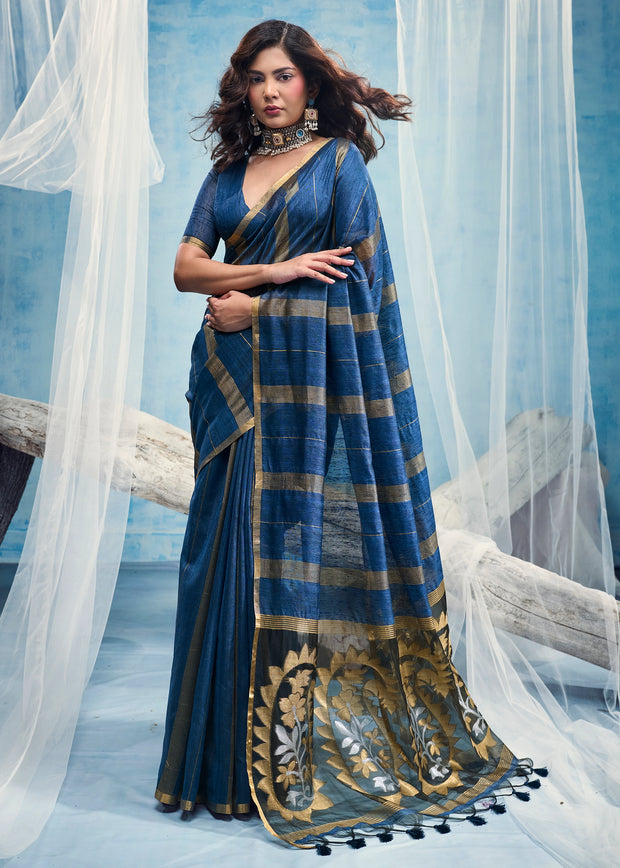 Indigo Blue Woven Munga Cotton Saree