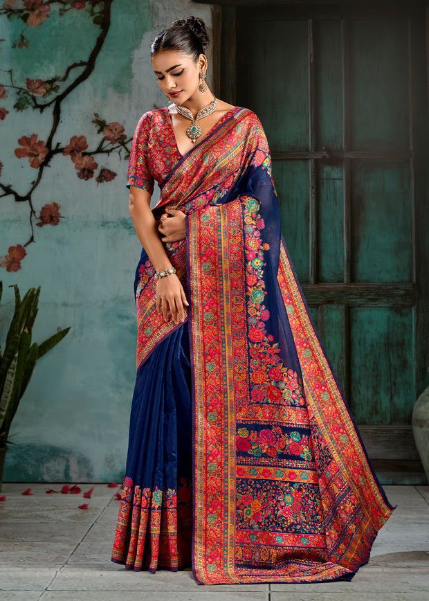 Navy Blue Woven Cotton Kashmiri Jamewar Saree