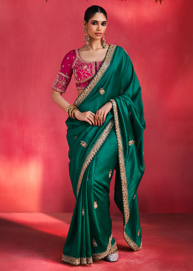 Deep Teal Green Embroidered Soft Silk Saree With Contrast Blouse