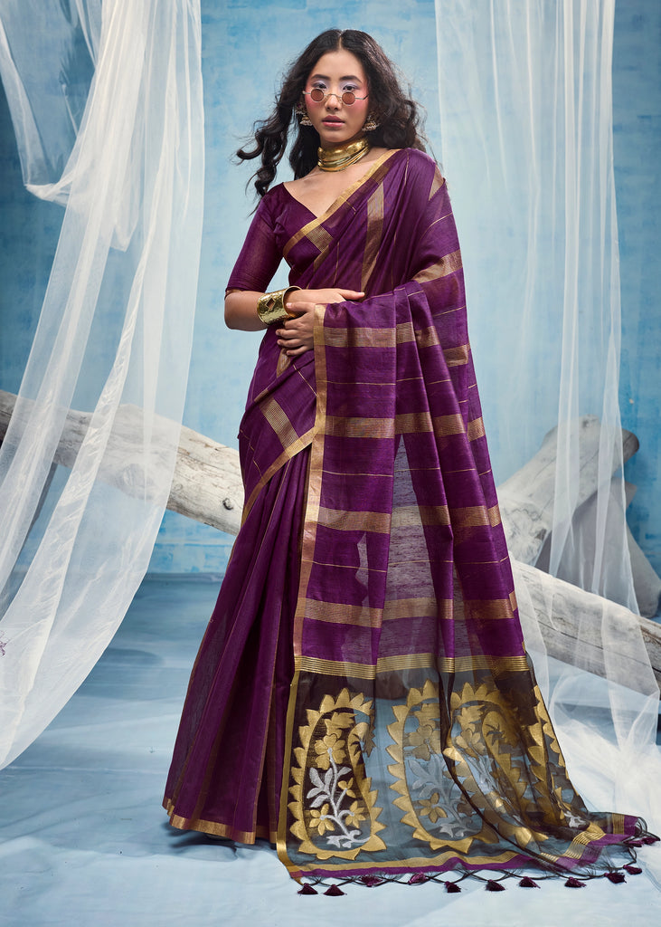 Plum Purple Woven Munga Cotton Saree