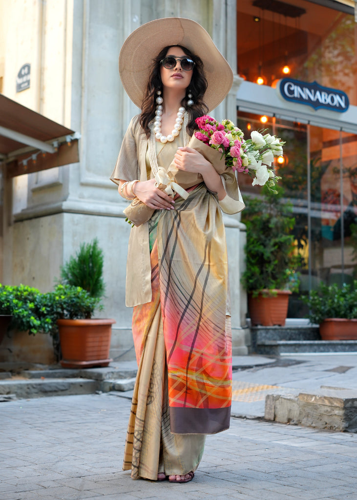 Safari Beige Digital Printed Soft Silk Saree