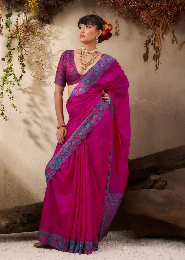 Wine purple Kanjivaram silk saree with contrast gold zari border