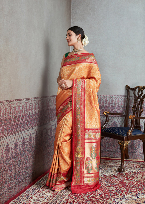 Maharani: Banarasi Brocade and Meenakar Saree in Shades of Orange with Mughal Buta (6891514265793)