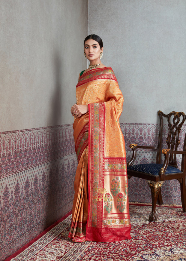 Maharani: Banarasi Brocade and Meenakar Saree in Shades of Orange with Mughal Buta (6891514265793)