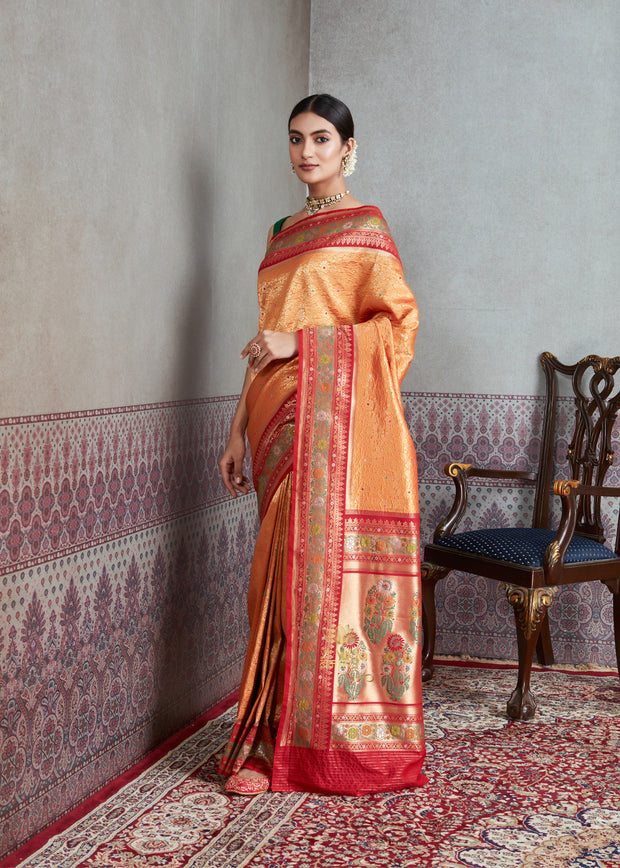 Maharani orange Banarasi brocade saree with Mughal buta motifs in gold zari