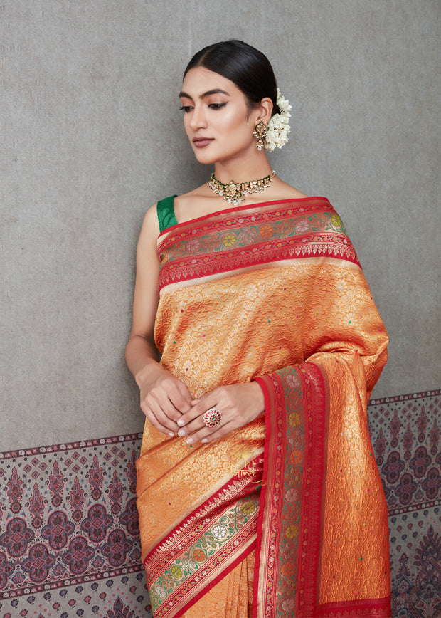 Maharani: Banarasi Brocade and Meenakar Saree in Shades of Orange with Mughal Buta (6891514265793)