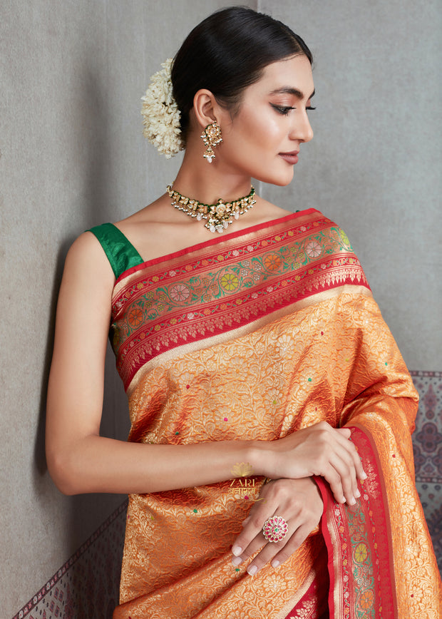 Maharani: Banarasi Brocade and Meenakar Saree in Shades of Orange with Mughal Buta (6891514265793)