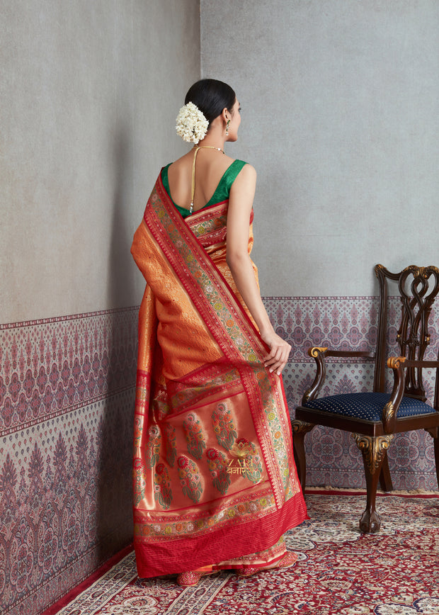 Maharani: Banarasi Brocade and Meenakar Saree in Shades of Orange with Mughal Buta (6891514265793)