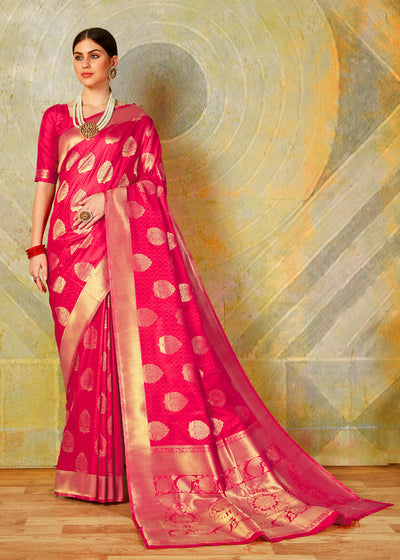 Rich And Punchy Pink Woven Banarasi Saree (5673674801303)