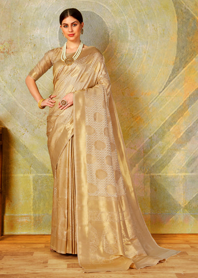 Buy online Gold zari woven dola silk saree with rich pallu - Peach