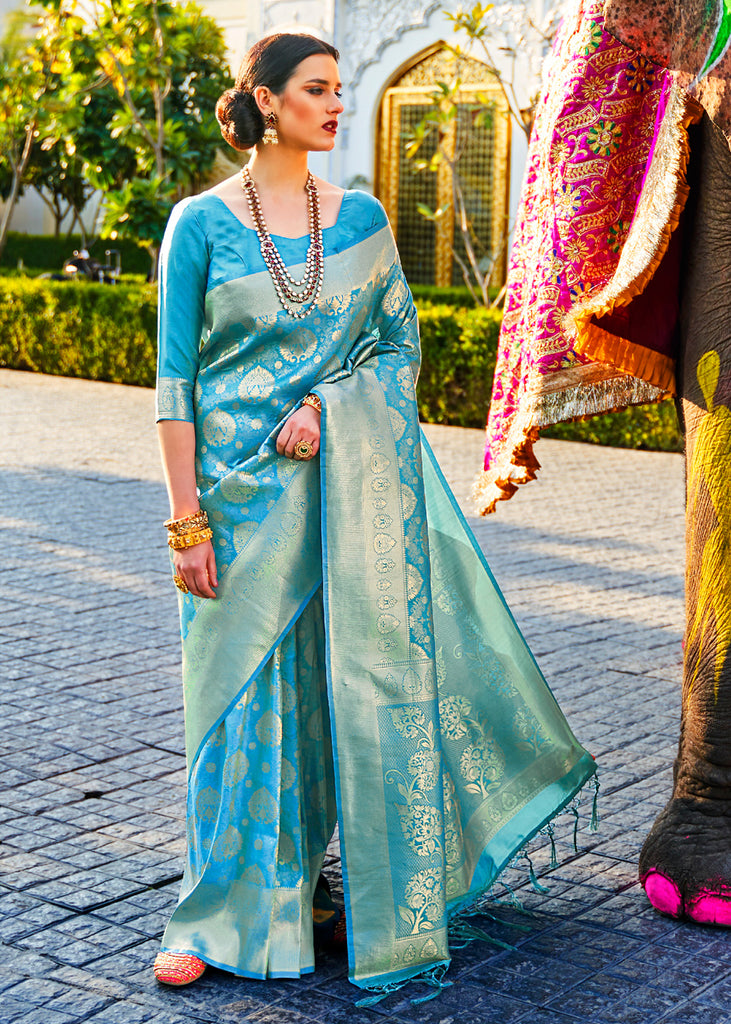 Ceremonial Queens Blue Woven Kanjivaram Saree – Zari Banaras