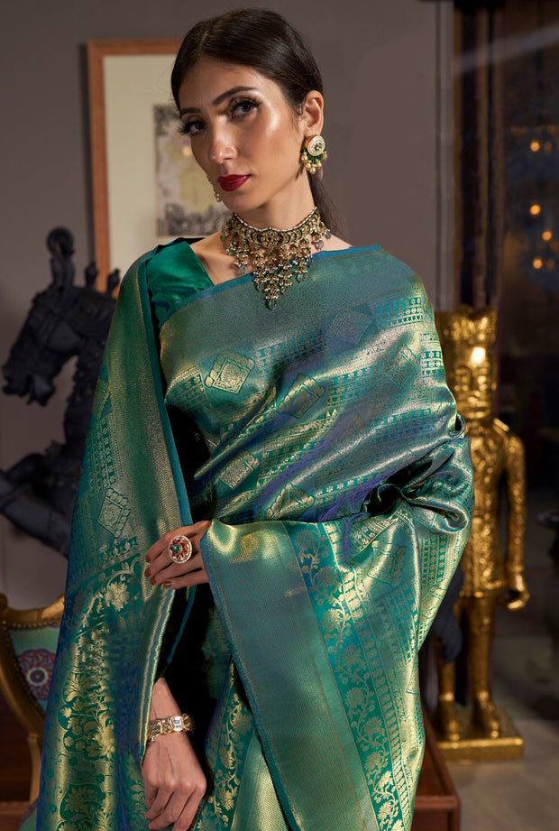 ROYAL PRINCESS GOLDEN GREEN WOVEN KANJIVARAM SAREE (5967211364545)