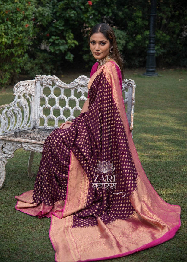Sukh purple and red Khaddi Georgette handloom Banarasi saree with zari buti motifs