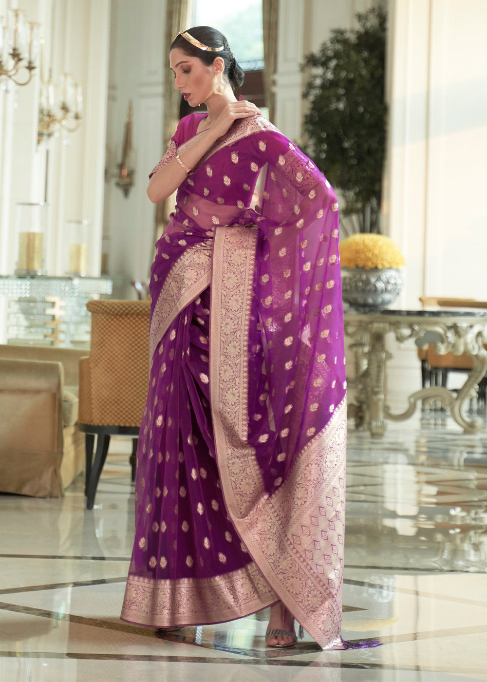 Plum Purple Chinon Saree – SHANGRILA DESIGNER