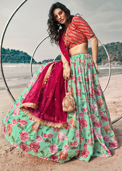 GREEN & ROSE PINK FLORAL DIGITAL PRINT ORGANZA LEHENGA WITH EMBROIDERED BLOUSE AND NET DUPATTA (6865889198273)