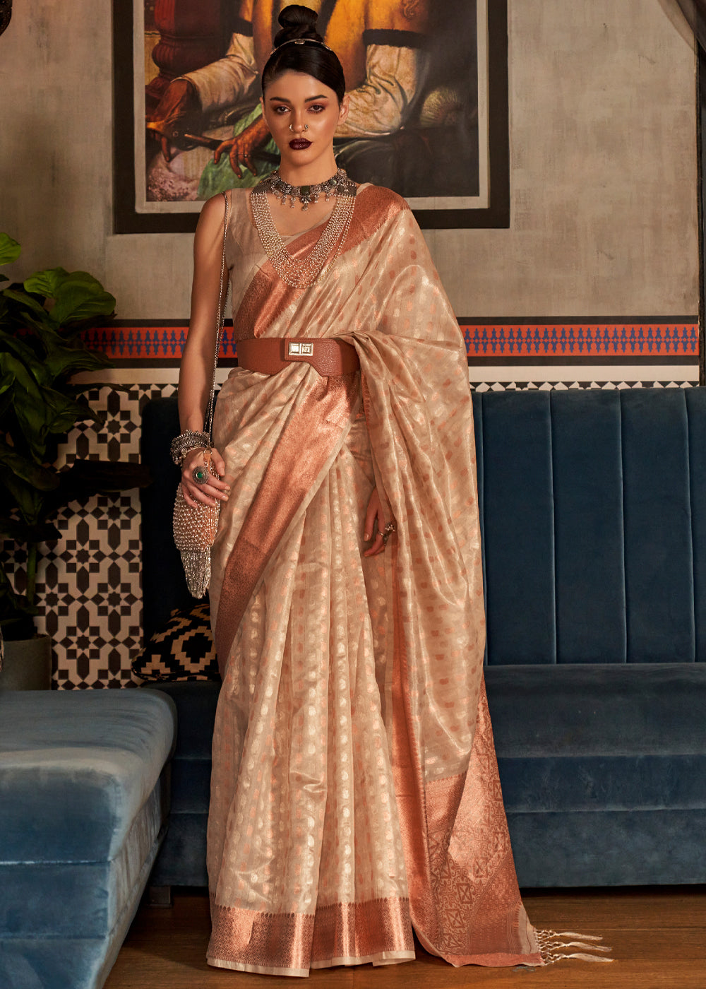 Beige jacquard cotton silk banarasi saree with unstitch blouse - Avanshee -  4260308