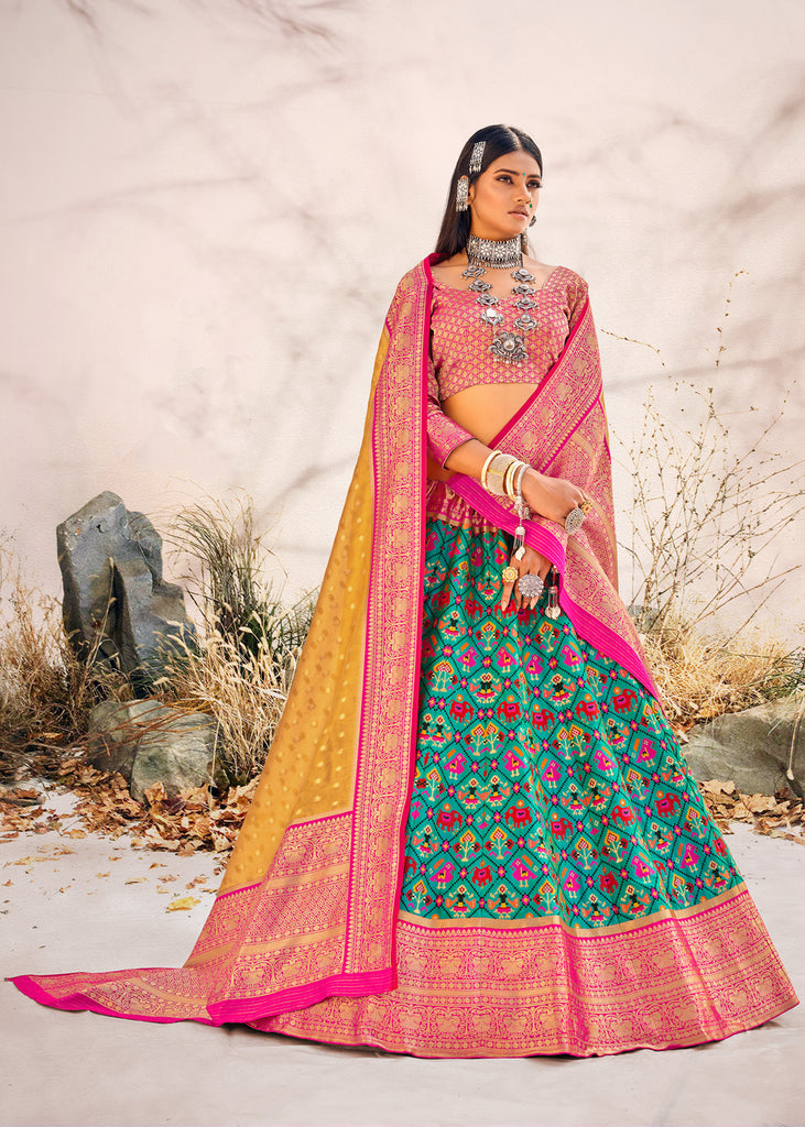 Pink Color South Indian Wedding Half Saree Lehenga With Banarasi Dupatta in  USA, UK, Malaysia, South Africa, Dubai, Singapore