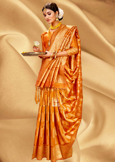 GOLDEN ORANGE WOVEN BANARASI SILK SAREE (6674679398593)