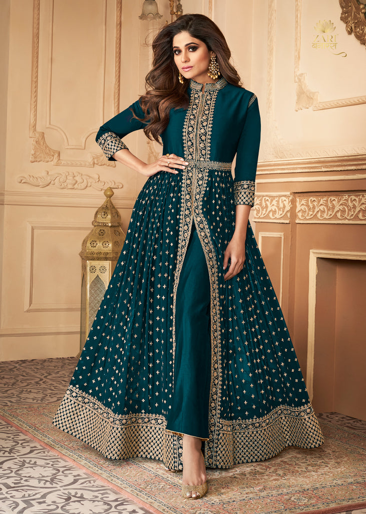 BOTTLE GREEN EMBROIDERED ANARKALI (6262438265025)