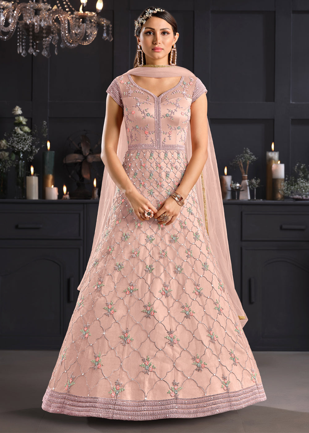 Peach Anarkali Gown With Sequence Embroidery Work Shrug