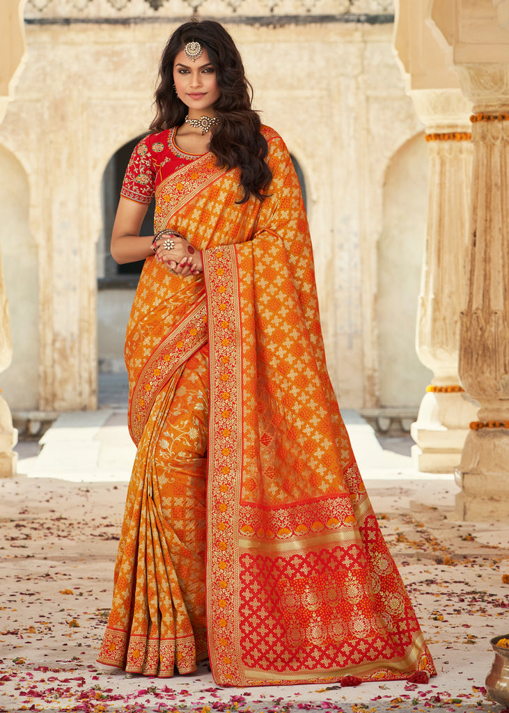 Prettiest Orange Soft Banarasi Silk Saree With Twirling Blouse Piece –  LajreeDesigner