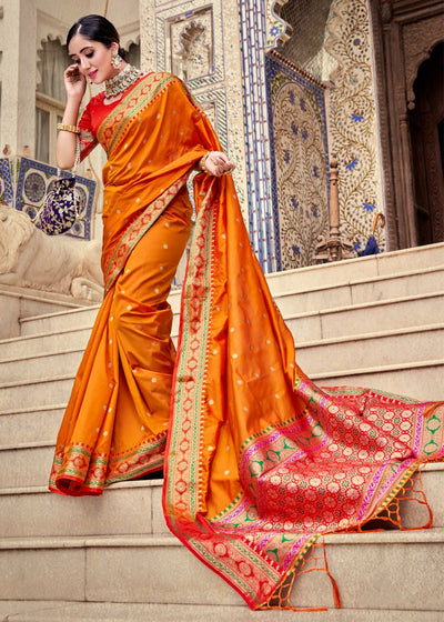 SAFFRON ORANGE WOVEN BANARASI SOFT SILK SAREE (6916399726785)