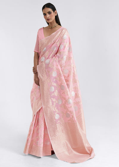 LOTUS PINK WOVEN LINEN SILK SAREE (6757864702145)