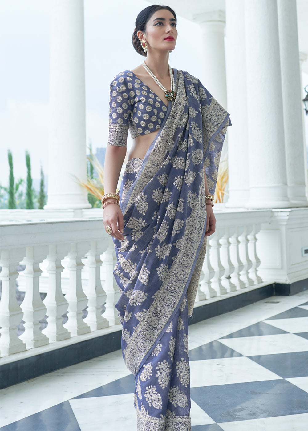 Greyish Blue Lucknowi Chikankari Cotton Princess Saree – Zari Banaras