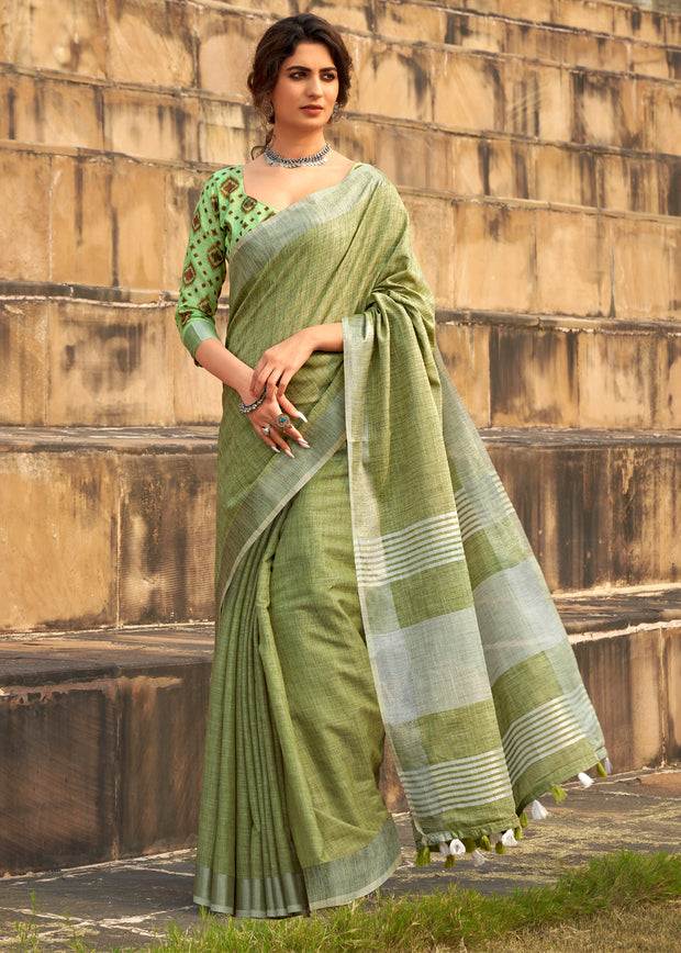 MINT GREEN WOVEN LINEN SAREE WITH KHADI PRINT BLOUSE (6713079791809) (10714426605761)
