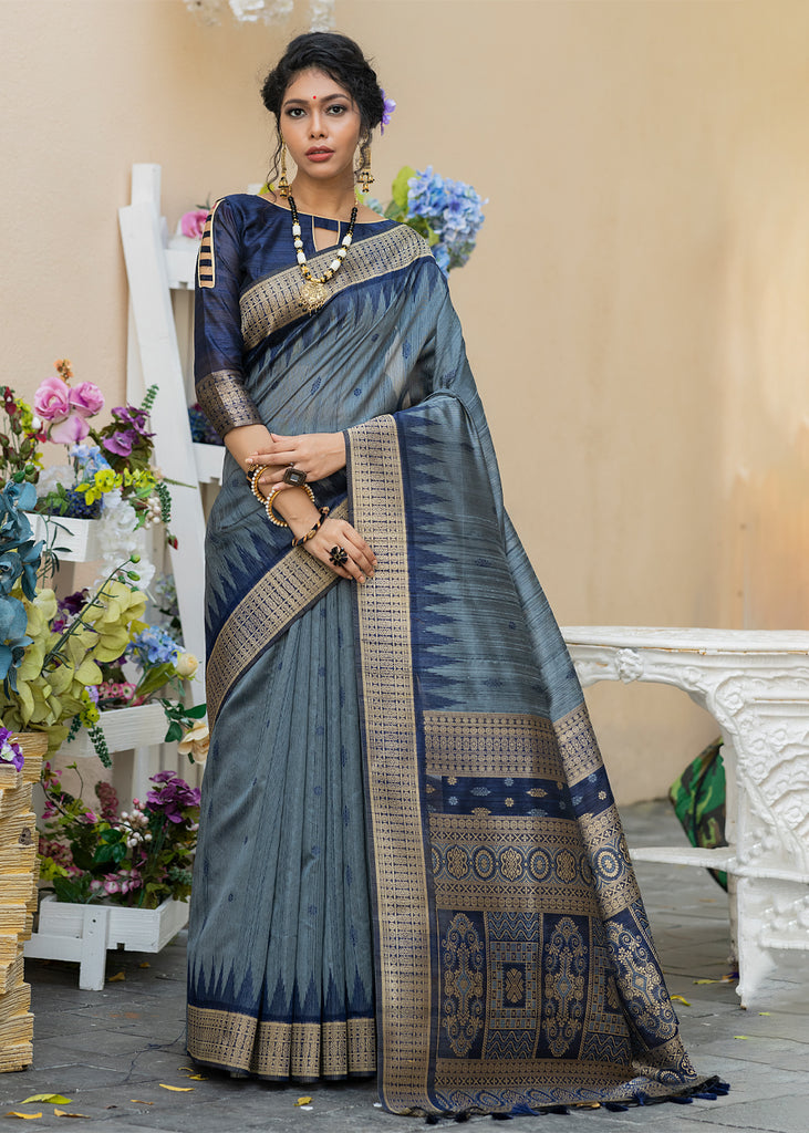 INDEGO GREY AND BLUE SOUTH TUSSAR TEMPLE BORDER SILK SAREE (6710043508929)