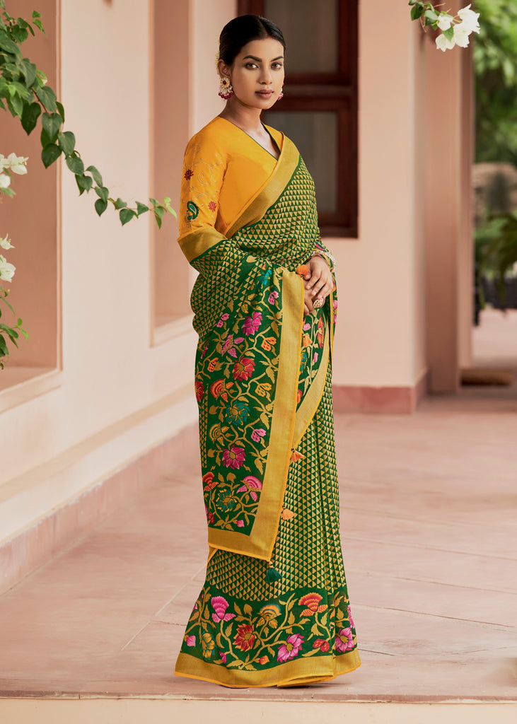 OLIVE GREEN AND YELLOW BRASSO PRINT SAREE WITH EMBROIDERED BLOUSE (6944794869953)