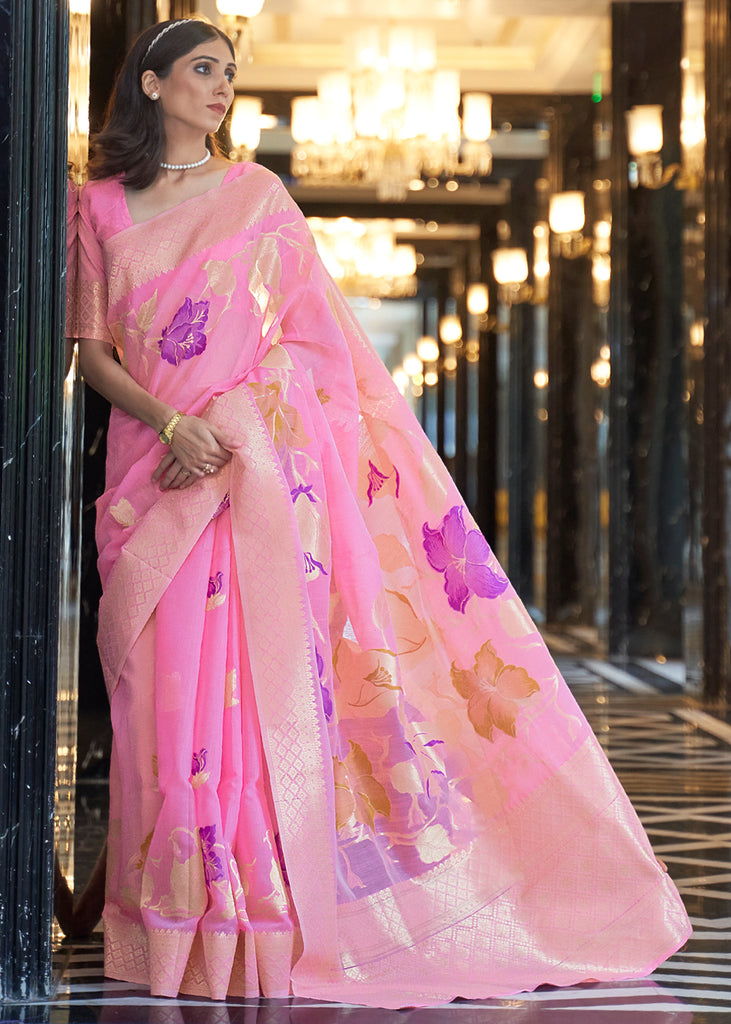 Princess Pink Woven Banarasi Linen Silk Saree – Zari Banaras
