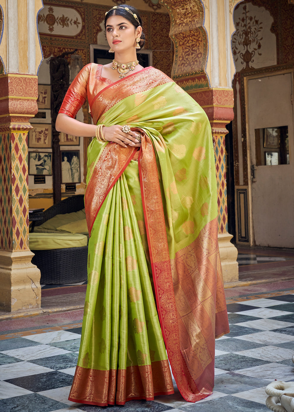 Pista Green Woven South Silk Saree – Zari Banaras