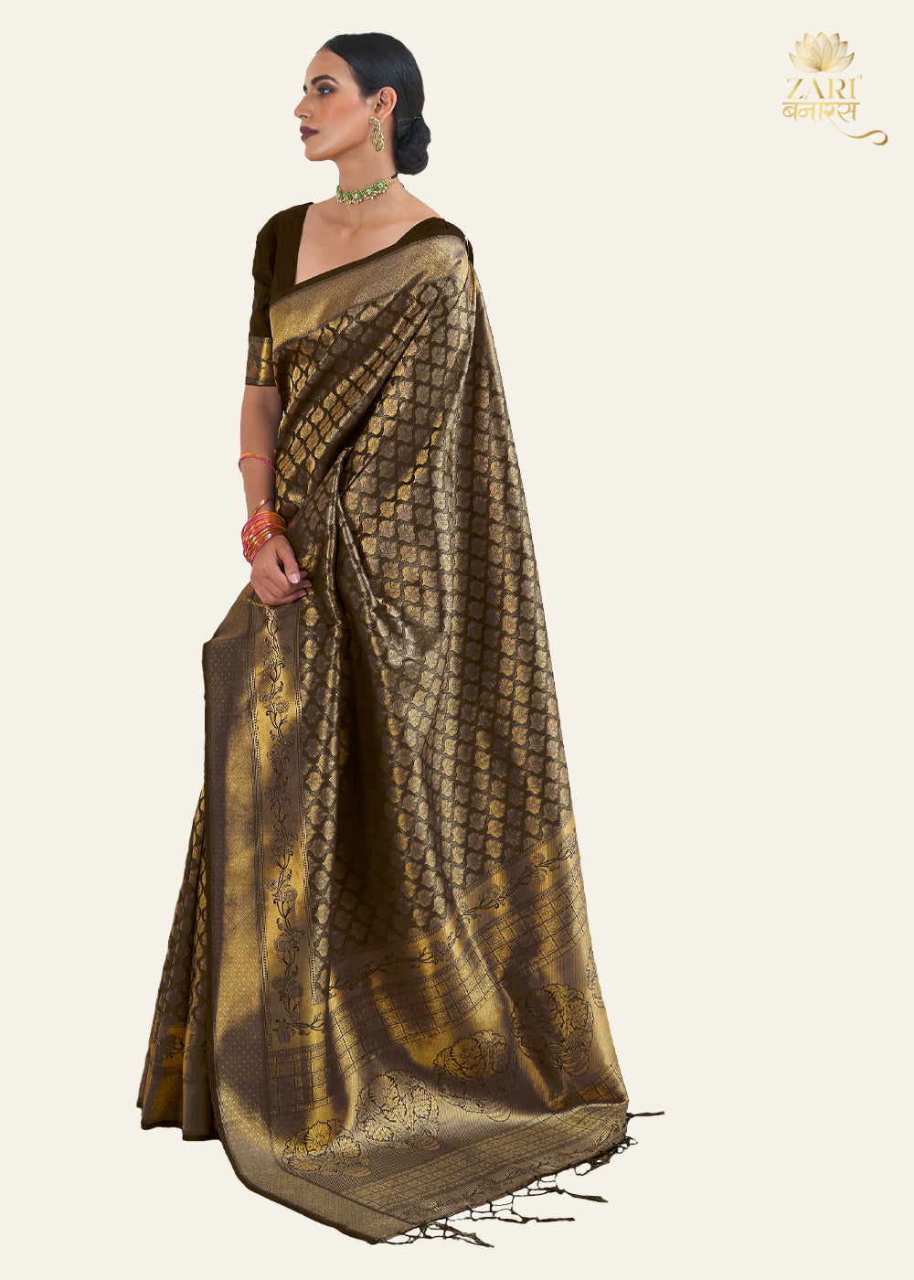 Royal Golden Brown Woven Kanjivaram Silk Saree – Zari Banaras
