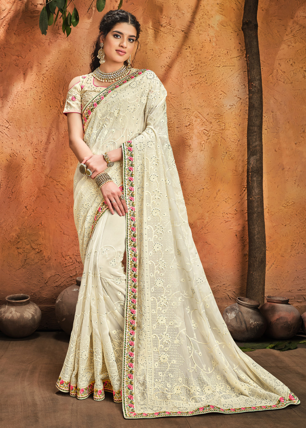 Buy Ivory-White Silk Saree with Gold Zari Weave Online