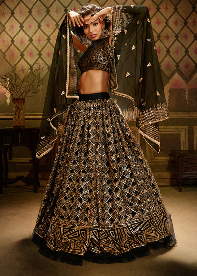 GOLDEN BLACK DESIGNER SEQUINS EMBROIDERED LEHENGA (6811026555073)