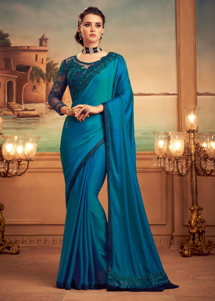 Fancy Faux Silk Saree in Peacock Blue  PreeSmA