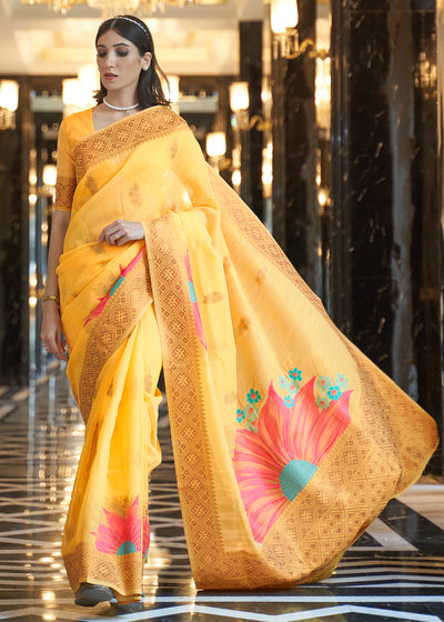 FLORAL YELLOW WOVEN BANARASI LINEN SILK SAREE (6938609123521)