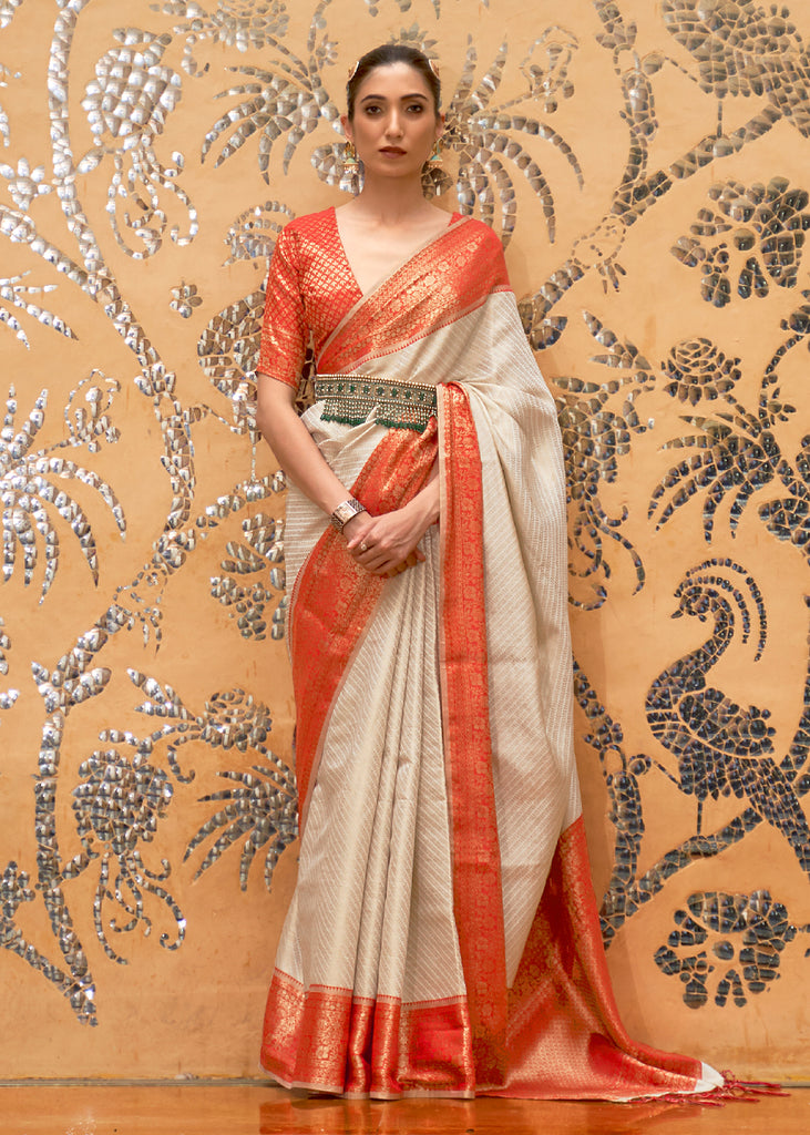 Off White Traditional Silk Garad Korial Bengali Saree With Contrast Pa –  Indiehues
