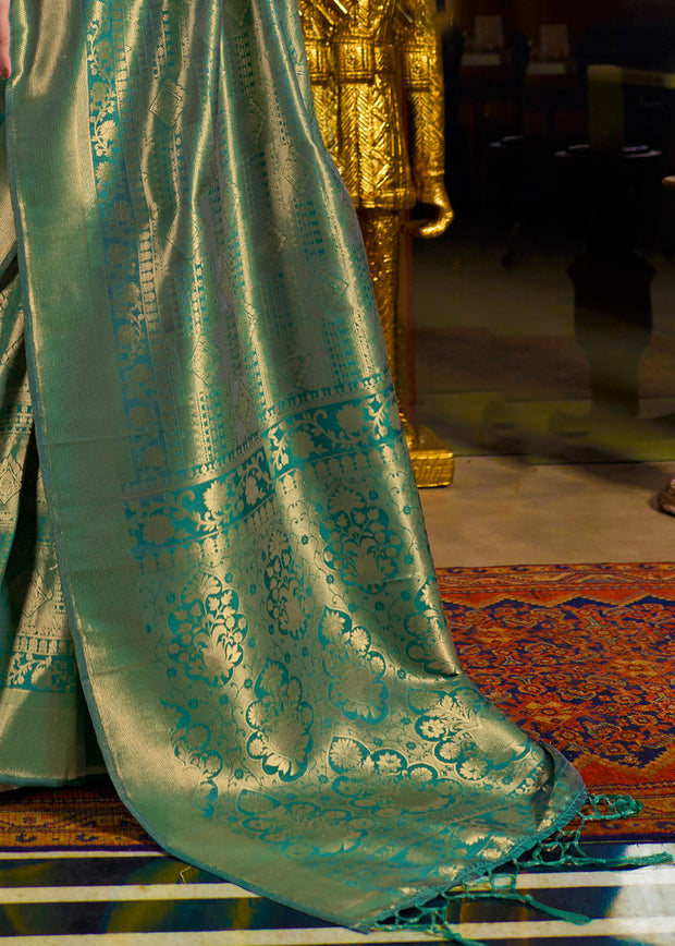 ROYAL PRINCESS GOLDEN GREEN WOVEN KANJIVARAM SAREE (5967211364545)