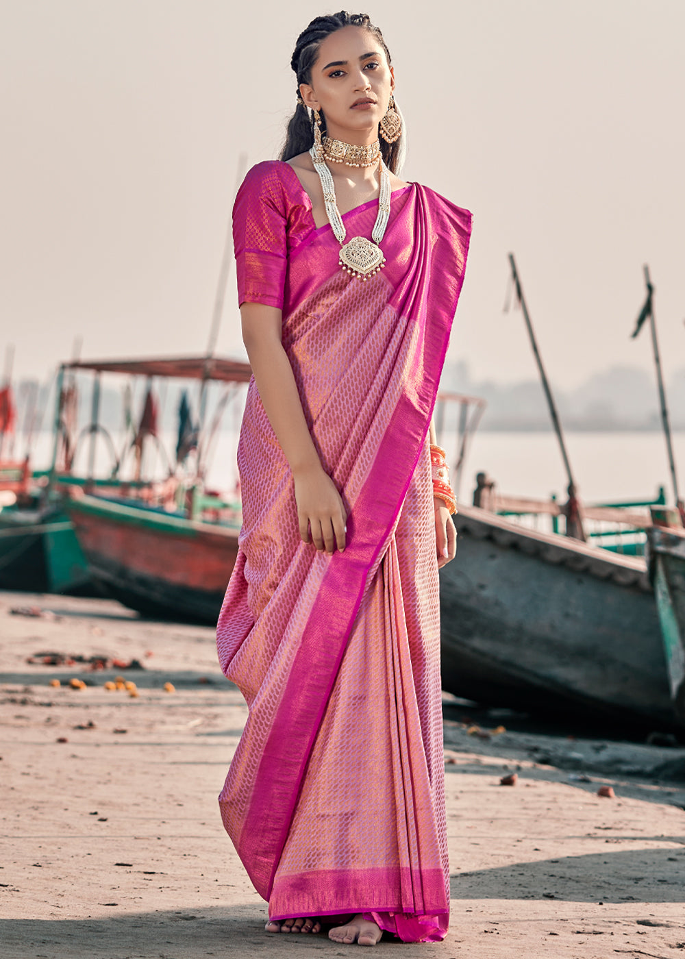 Blush Pink Banarasi Soft Silk Saree With Digital Print – Zari Banaras