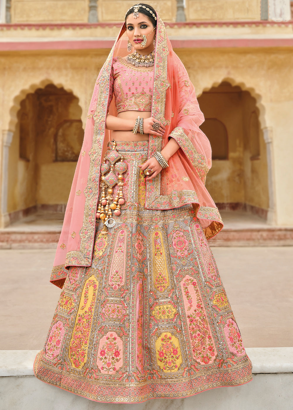 Peach Drape Lehenga Choli and Dupatta – Roop Sari Palace