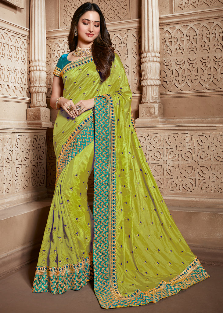 SPRING GREEN EMBROIDERED DESIGNER SAREE WITH HEAVY BLOUSE (6276838686913)