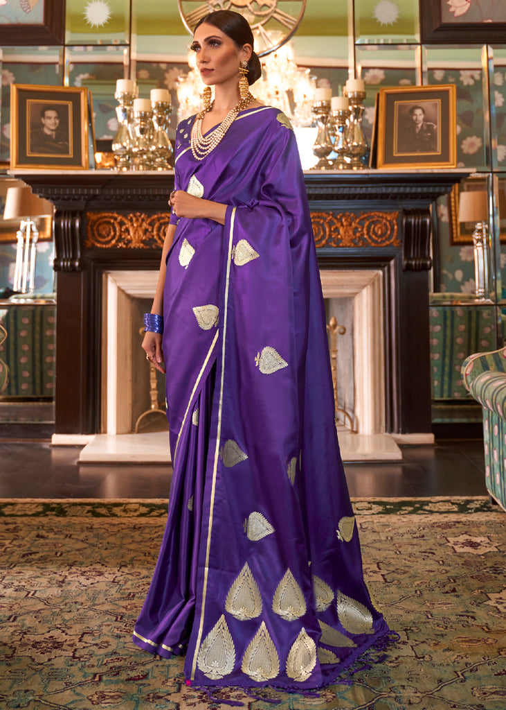 Purple Pure Silk Saree With Golden Border And Purple Colored Blouse | Cash  On Delivery Available, Throughout India